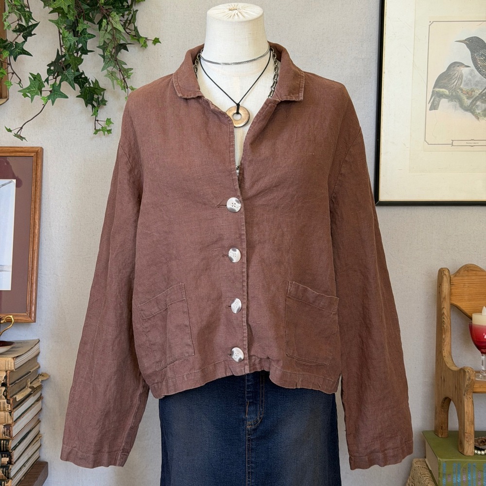 Brown Linen Jacket Boxy Boho Granola L Indie Grunge Layering Shacket Lightweight